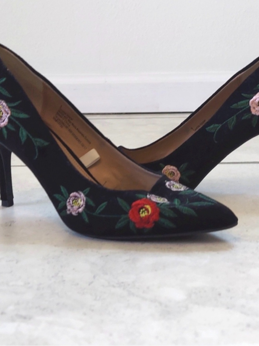 a new day Black Velvet Pointed-Toe Pumps with Red and Pink Floral Embroidery - Picture 3 of 8
